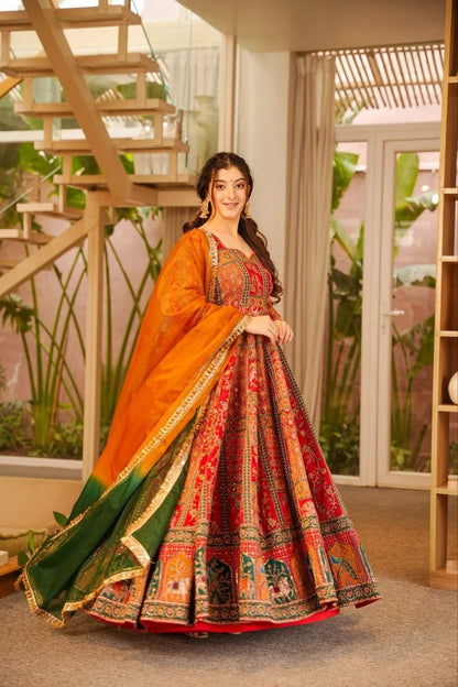 Royal Crimson Heritage Printed Anarkali Suit Set with Ombre Dupatta
