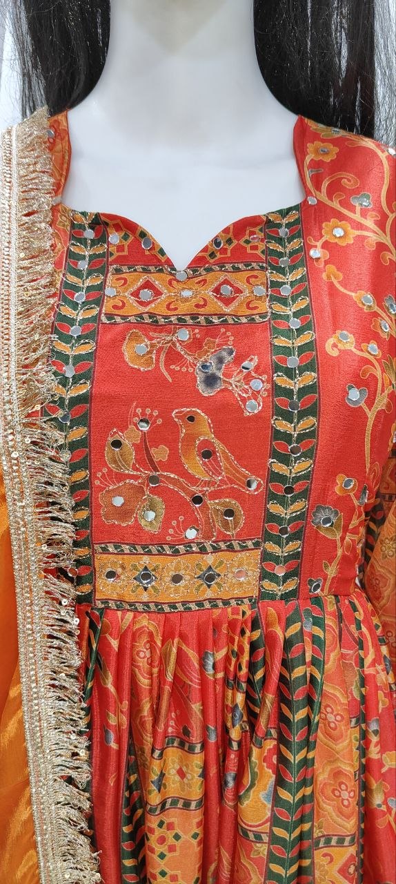 Royal Crimson Heritage Printed Anarkali Suit Set with Ombre Dupatta