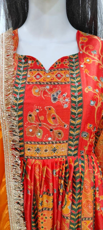Royal Crimson Heritage Printed Anarkali Suit Set with Ombre Dupatta