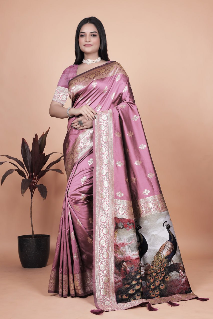 Trendy Rosewood Pink Banarasi Silk Saree with Artistic Peacock Pallu