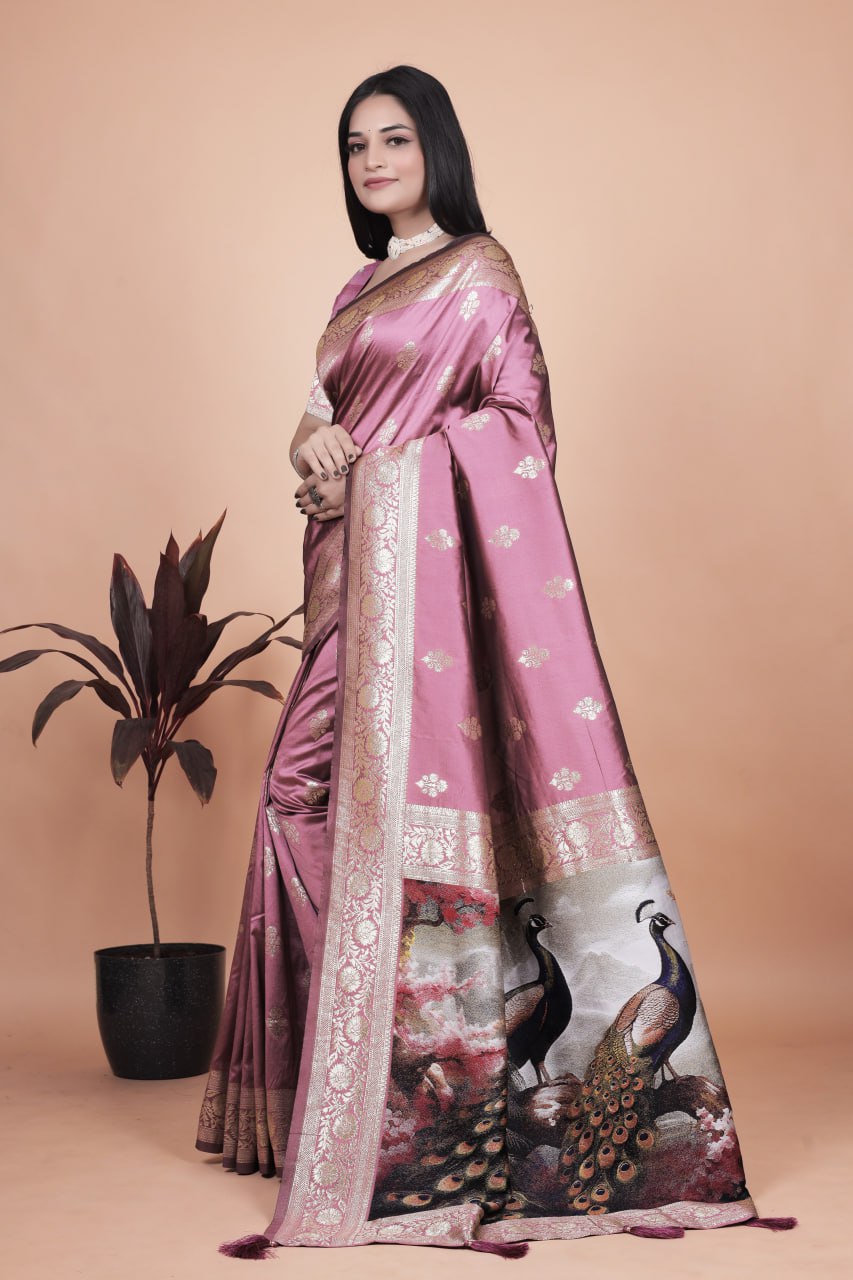 Trendy Rosewood Pink Banarasi Silk Saree with Artistic Peacock Pallu