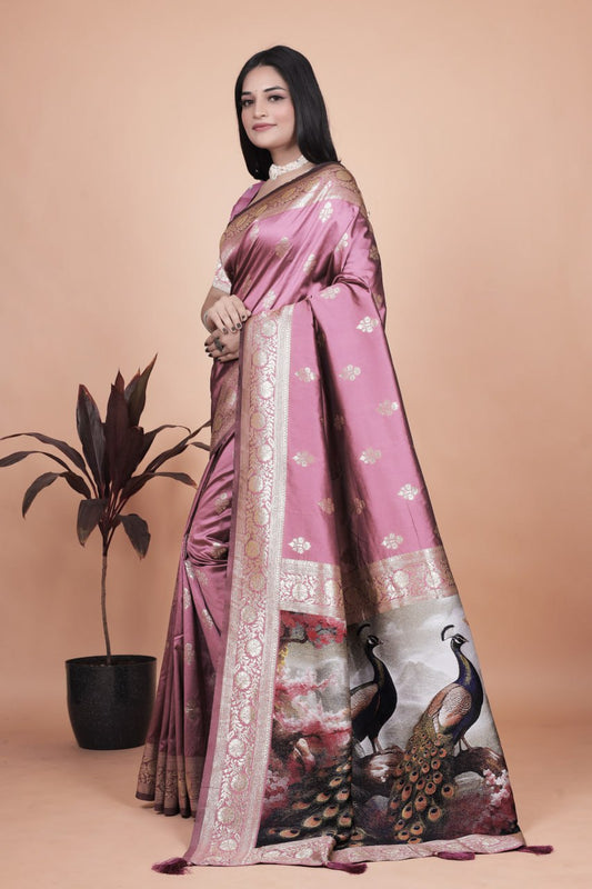 Trendy Rosewood Pink Banarasi Silk Saree with Artistic Peacock Pallu
