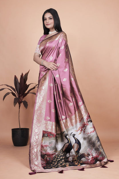 Trendy Rosewood Pink Banarasi Silk Saree with Artistic Peacock Pallu