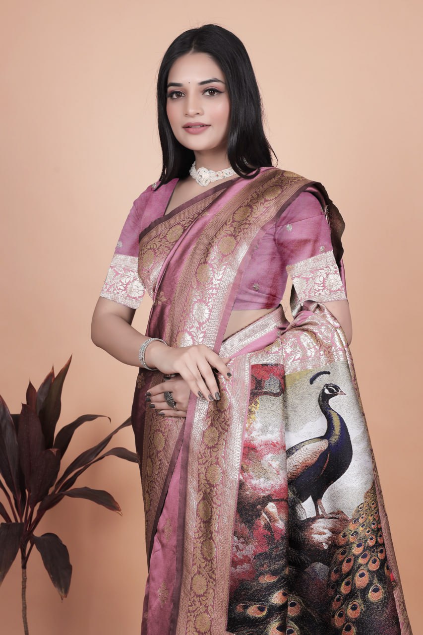 Trendy Rosewood Pink Banarasi Silk Saree with Artistic Peacock Pallu