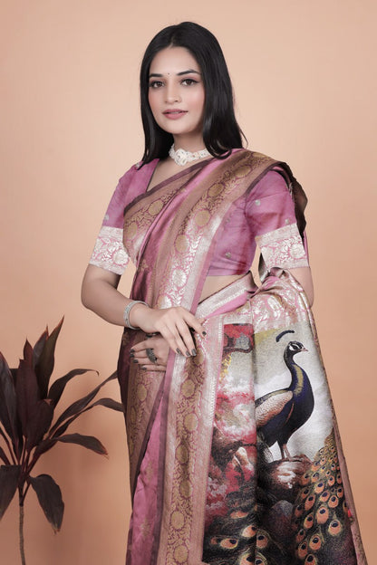 Trendy Rosewood Pink Banarasi Silk Saree with Artistic Peacock Pallu