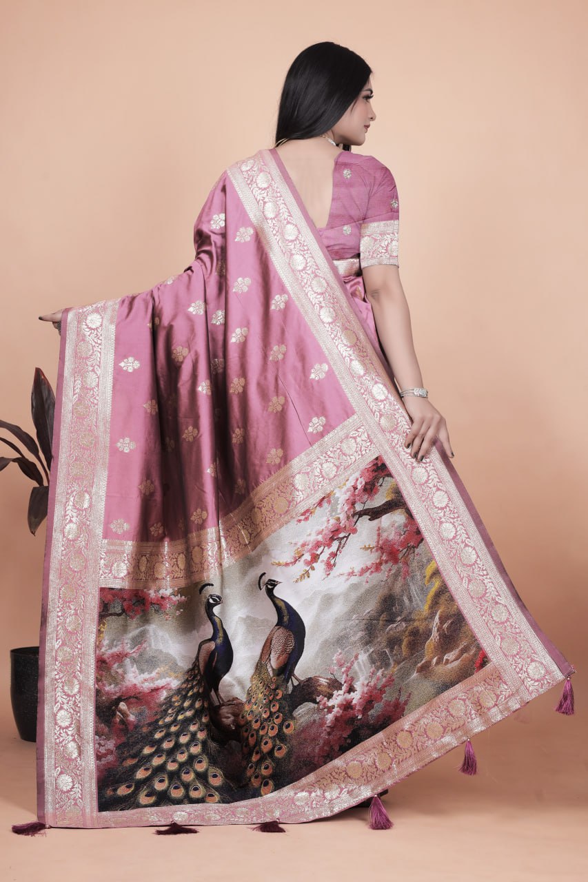 Trendy Rosewood Pink Banarasi Silk Saree with Artistic Peacock Pallu