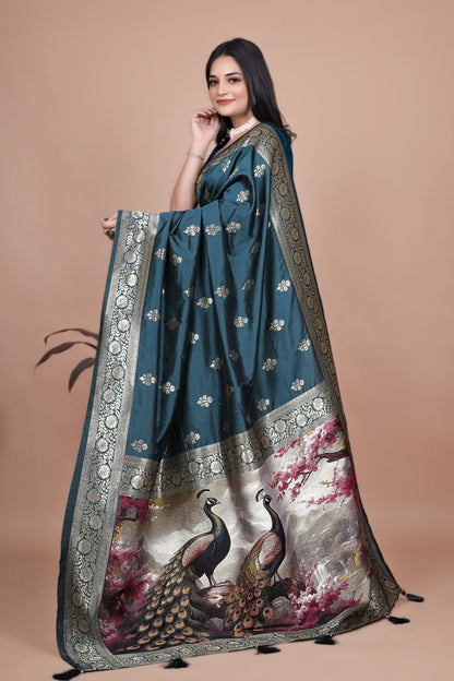 Gorgeous Teal Banarasi Silk Saree with Majestic Peacock Pallu