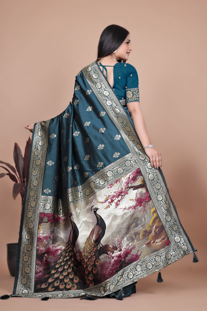 Gorgeous Teal Banarasi Silk Saree with Majestic Peacock Pallu