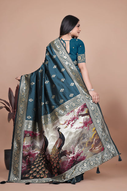 Gorgeous Teal Banarasi Silk Saree with Majestic Peacock Pallu