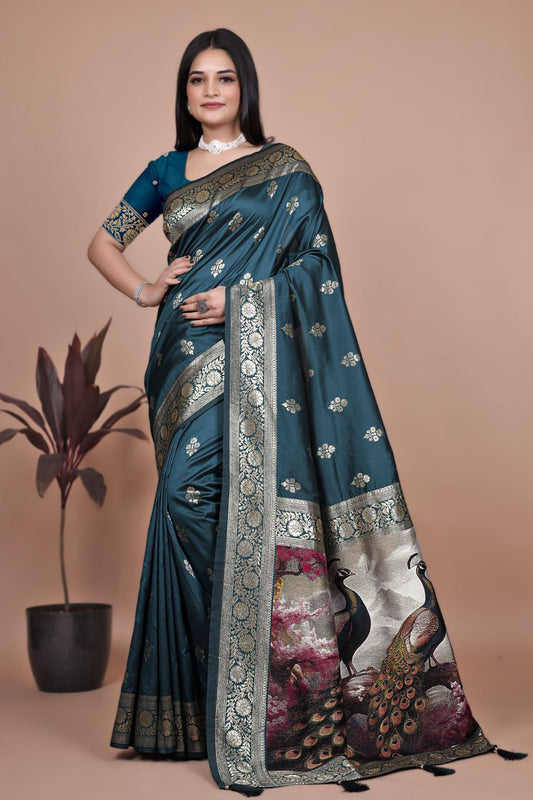 Gorgeous Teal Banarasi Silk Saree with Majestic Peacock Pallu