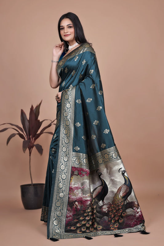 Gorgeous Teal Banarasi Silk Saree with Majestic Peacock Pallu