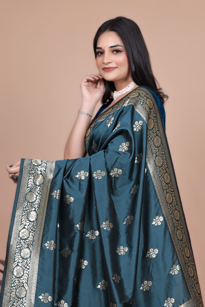 Gorgeous Teal Banarasi Silk Saree with Majestic Peacock Pallu