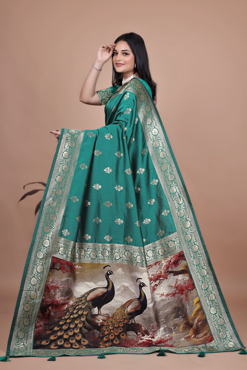 Emerald Green Banarasi Silk Saree with Artistic Peacock Pallu