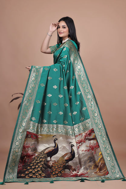 Emerald Green Banarasi Silk Saree with Artistic Peacock Pallu