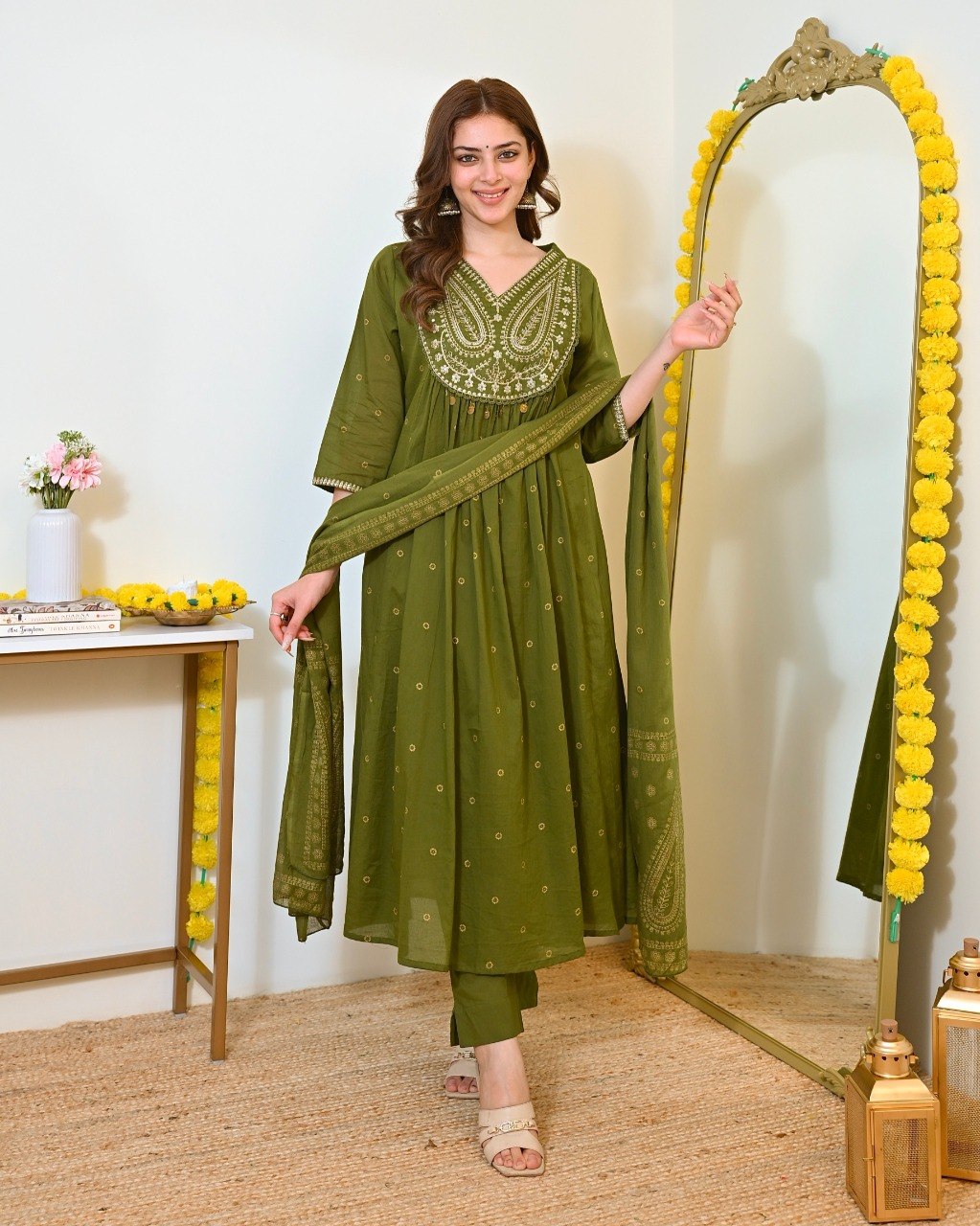 Olive Green Embroidered Anarkali Suit Set