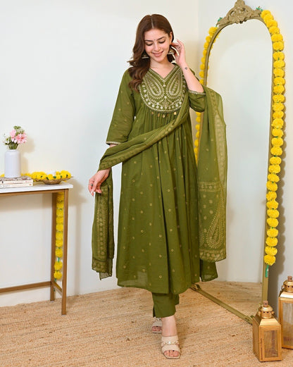 Olive Green Embroidered Anarkali Suit Set