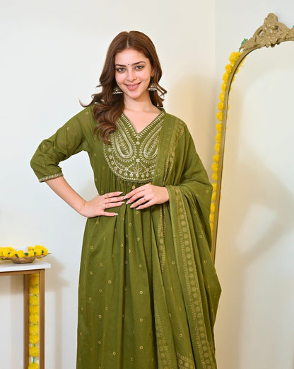 Olive Green Embroidered Anarkali Suit Set