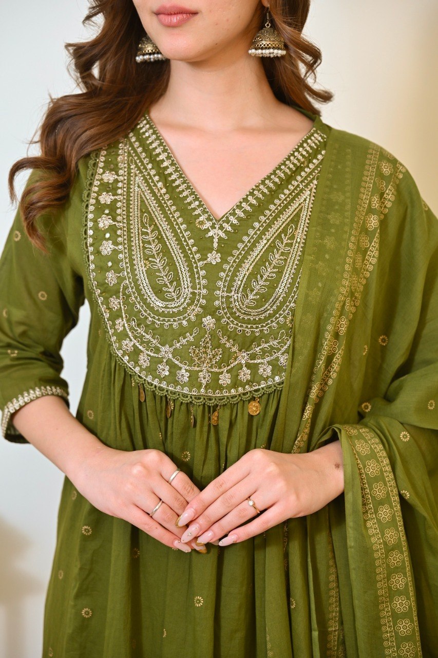 Olive Green Embroidered Anarkali Suit Set