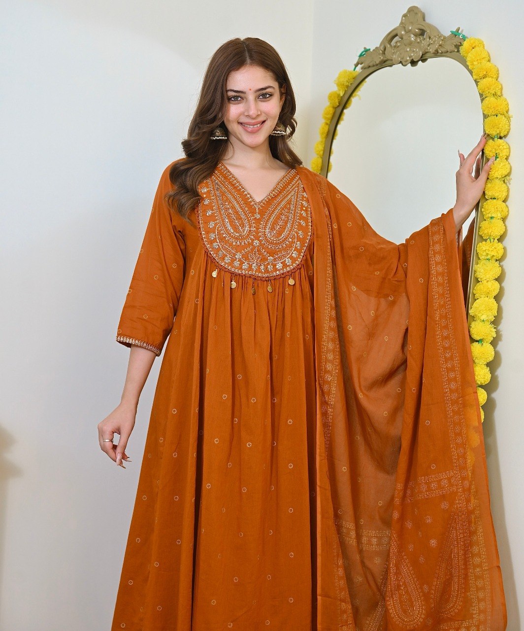 Rust Orange Embroidered Festive Anarkali Suit Set