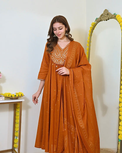 Rust Orange Embroidered Festive Anarkali Suit Set