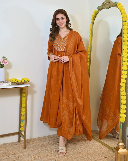 Rust Orange Embroidered Festive Anarkali Suit Set