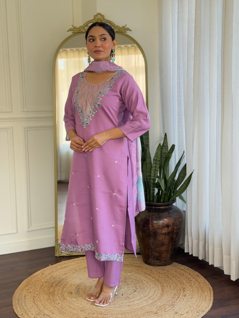 Lavender Floral Embroidered Kurta Pant Suit Set