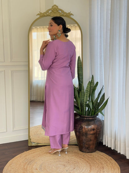 Lavender Floral Embroidered Kurta Pant Suit Set
