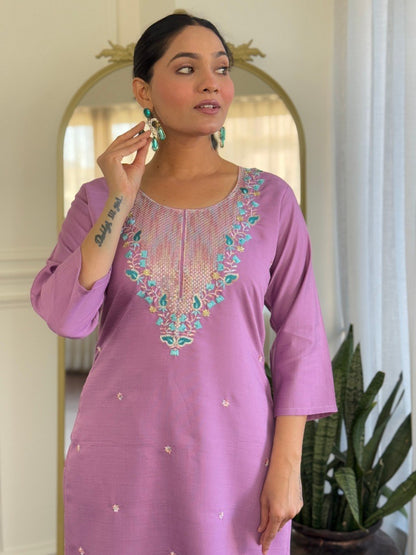Lavender Floral Embroidered Kurta Pant Suit Set