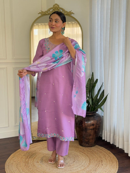 Lavender Floral Embroidered Kurta Pant Suit Set