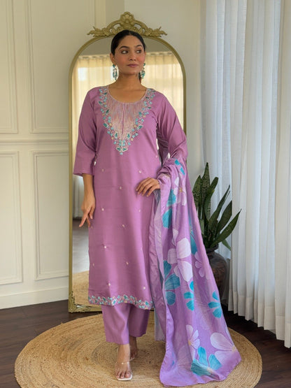 Lavender Floral Embroidered Kurta Pant Suit Set