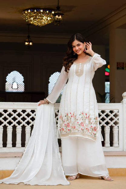 Stunning White Kurta With Floral Embroidery And Palazzo Set