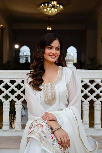 Stunning White Kurta With Floral Embroidery And Palazzo Set