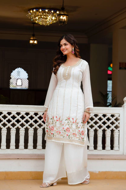 Stunning White Kurta With Floral Embroidery And Palazzo Set