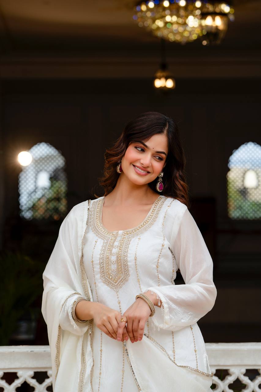 Stunning White Kurta With Floral Embroidery And Palazzo Set