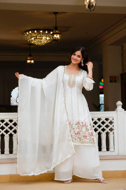 Stunning White Kurta With Floral Embroidery And Palazzo Set