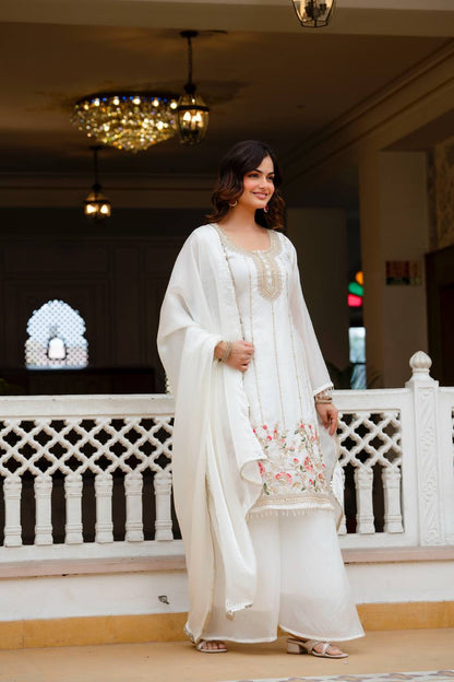 Stunning White Kurta With Floral Embroidery And Palazzo Set