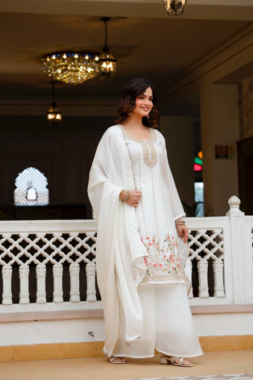 Stunning White Kurta With Floral Embroidery And Palazzo Set