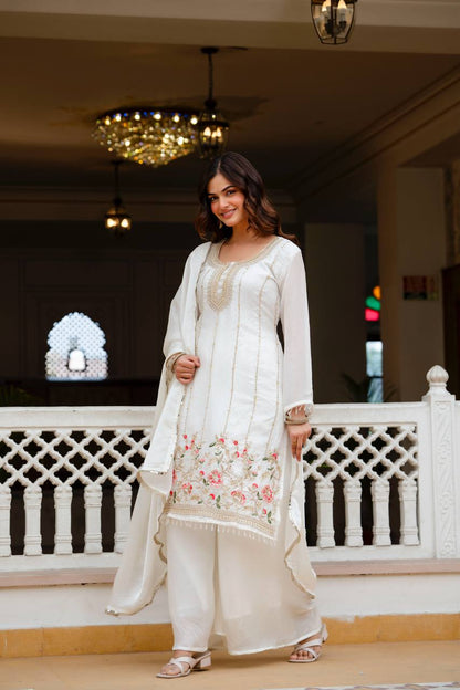 Stunning White Kurta With Floral Embroidery And Palazzo Set