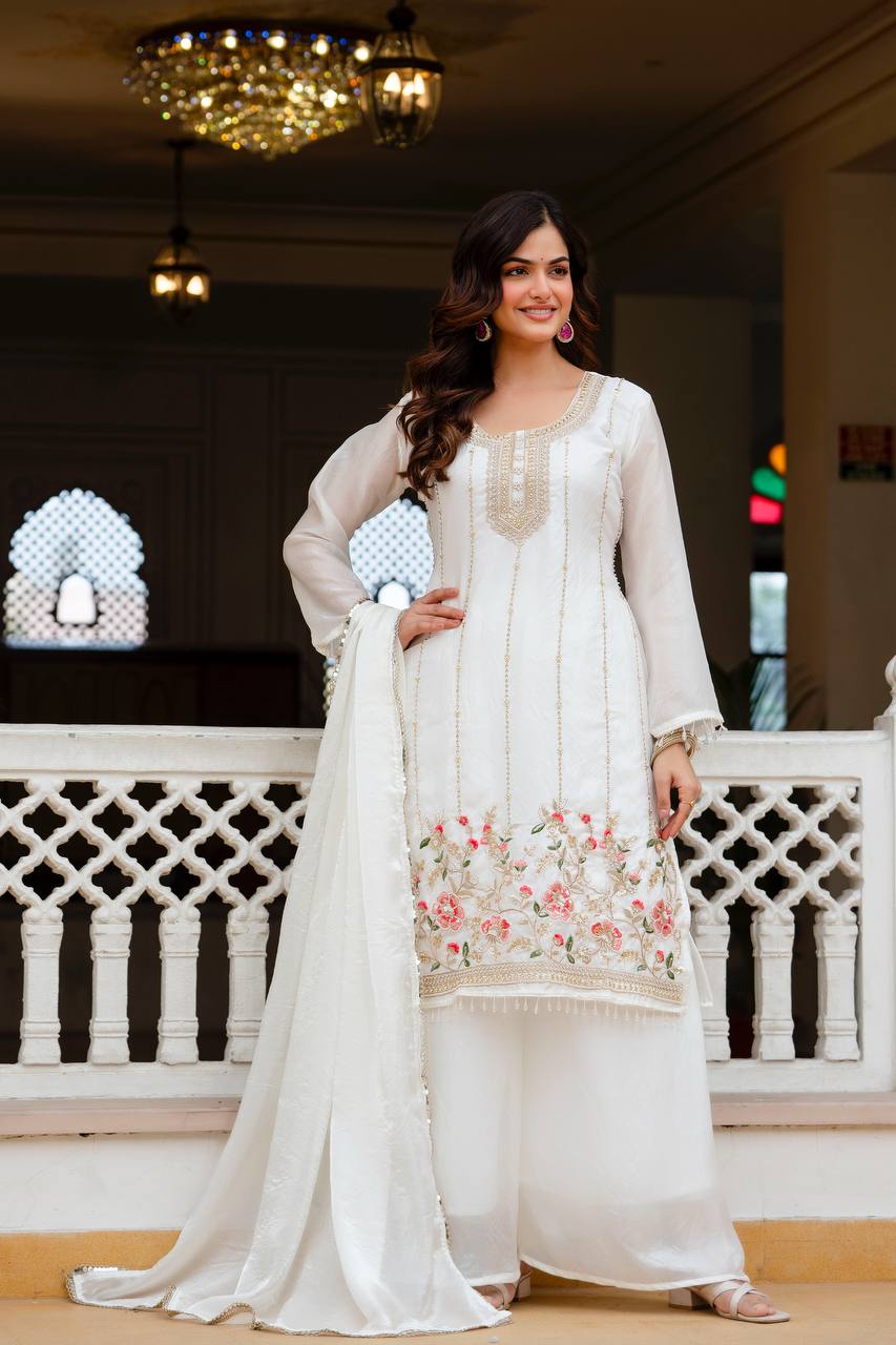 Stunning White Kurta With Floral Embroidery And Palazzo Set