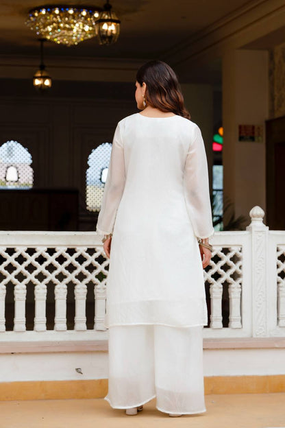 Stunning White Kurta With Floral Embroidery And Palazzo Set