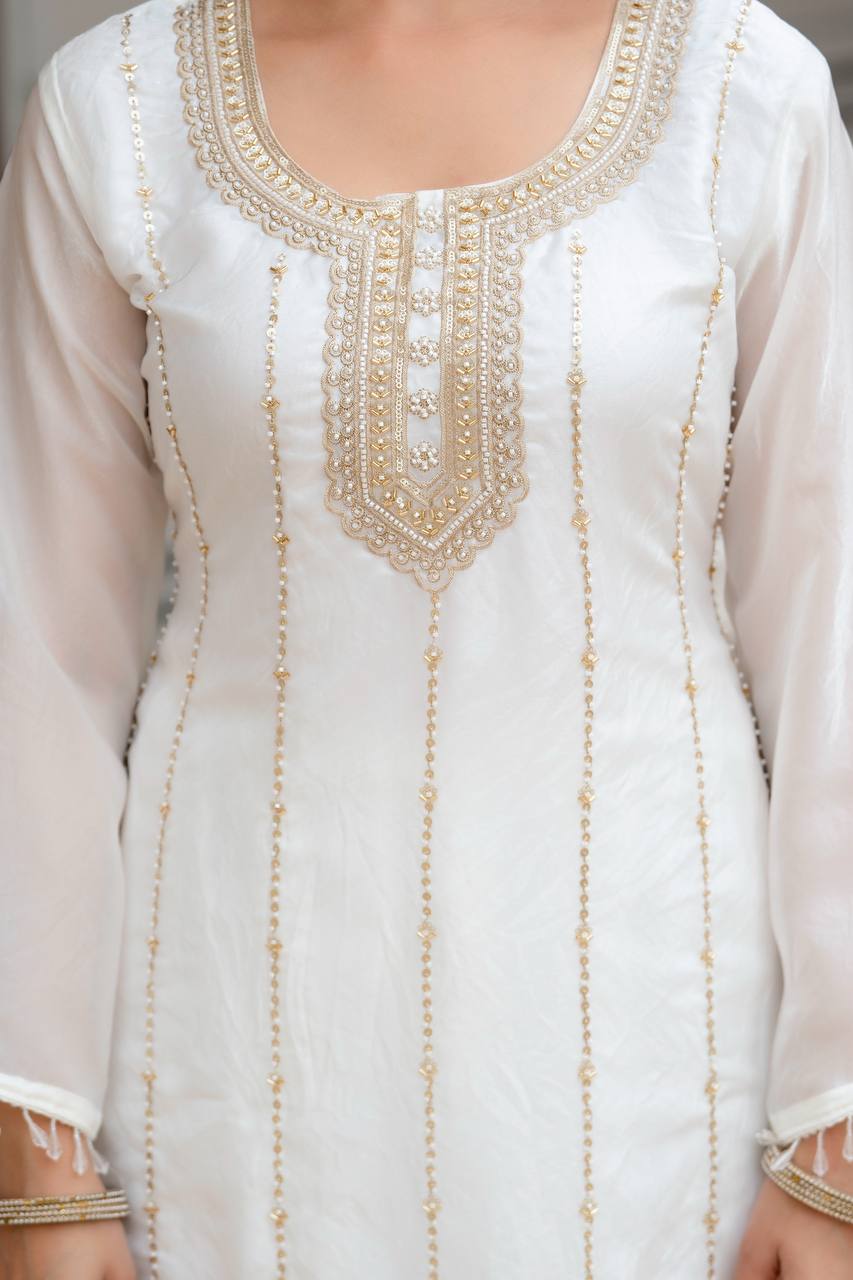 Stunning White Kurta With Floral Embroidery And Palazzo Set