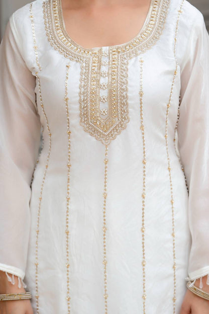 Stunning White Kurta With Floral Embroidery And Palazzo Set