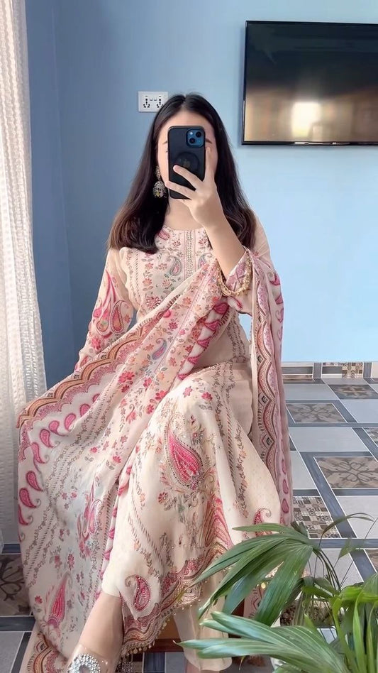 Ivory Blossom Premium Floral Printed Kurta Set with Elegant Paisley Dupatta
