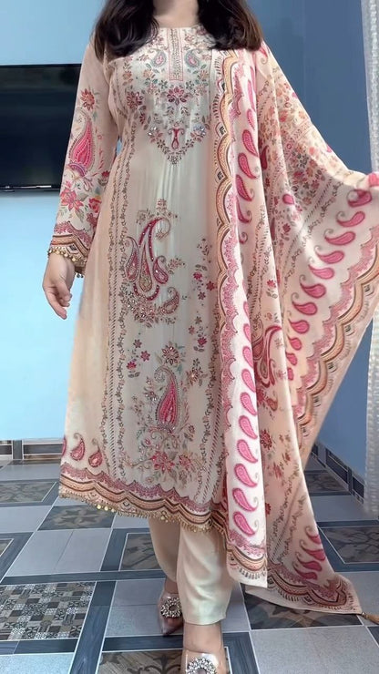 Blush Ivory Printed Pakistani Suit Set with Designer Dupatta