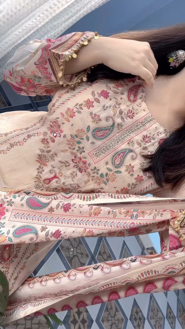 Blush Ivory Printed Pakistani Suit Set with Designer Dupatta