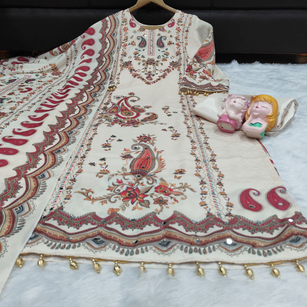 Blush Ivory Printed Pakistani Suit Set with Designer Dupatta