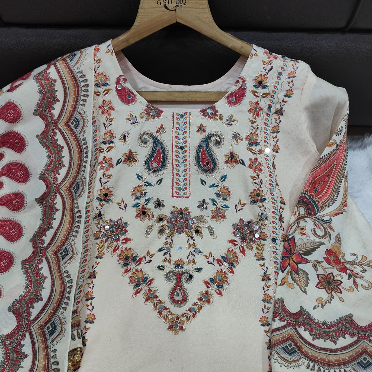 Blush Ivory Printed Pakistani Suit Set with Designer Dupatta