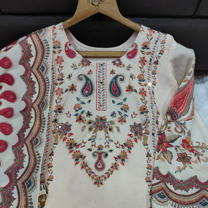 Blush Ivory Printed Pakistani Suit Set with Designer Dupatta