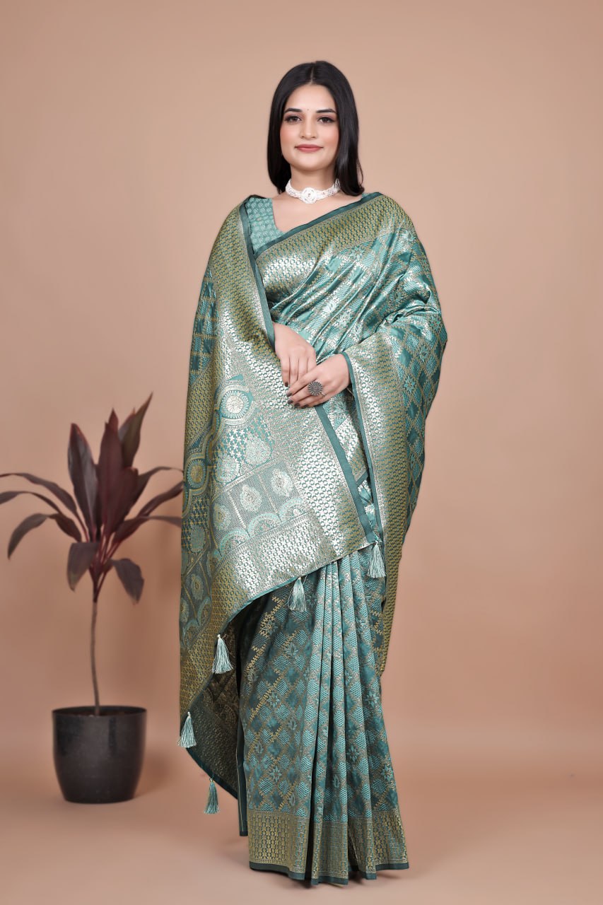 Elegant Rama Green Banarasi Silk Saree with Silver Geometric and Floral Zari Work