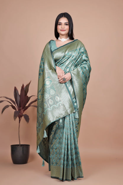 Elegant Rama Green Banarasi Silk Saree with Silver Geometric and Floral Zari Work
